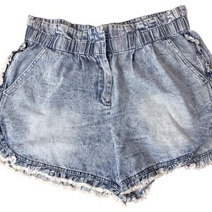 GeeGee Women Plus 2XL Acid Wash Denim Ruffle Hem High Waist Shorts SP1706PL Blue